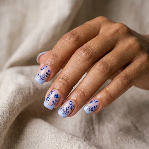 Blue Botanical French Tip Nail Art