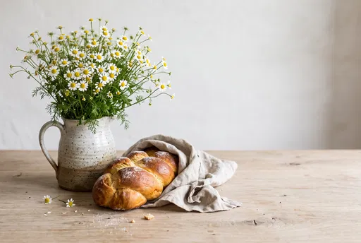 Chamomile Flowers and Brioche Loaf Still Life