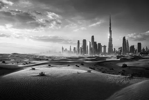 Monochrome Dubai Skyline Beyond Desert Dunes