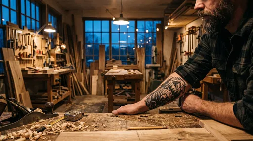 Craftsman With Bear Forearm Tattoo in Woodshop
