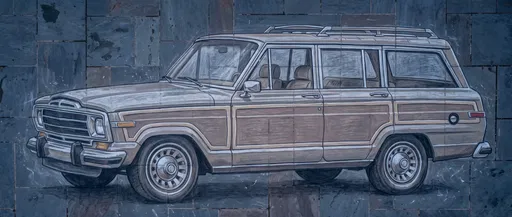 Chalk Drawing of Vintage Wood-Paneled Wagon