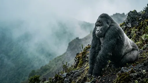 Silverback Gorilla on Misty Volcanic Slope