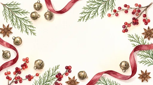 Watercolor Christmas Border with Bells and Berries