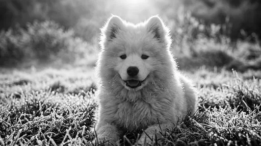 Monochrome Samoyed Puppy in Frosty Grass