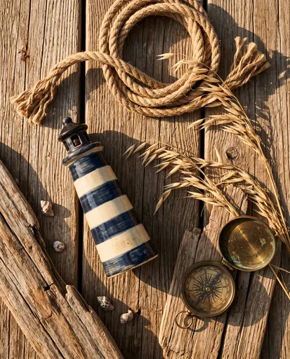 Nautical Flat Lay with Ceramic Lighthouse
