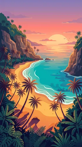 Tropical Beach Cove Sunset Vector Illustration