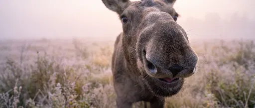 Curious Moose Close-Up in Misty Meadow