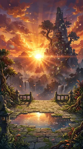 Anime Sunset Mountain Shrine Background