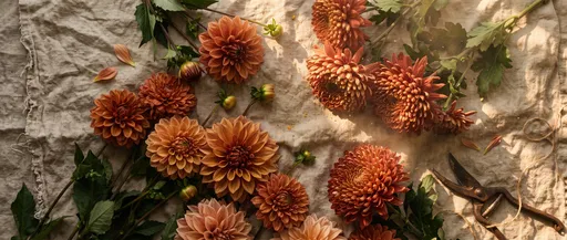 Terracotta Dahlias and Chrysanthemums on Linen