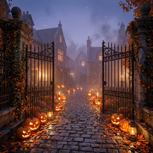 Spooky Autumn Courtyard With Glowing Pumpkins