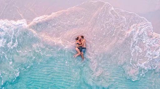 Aerial View of Couple Kissing in Surf