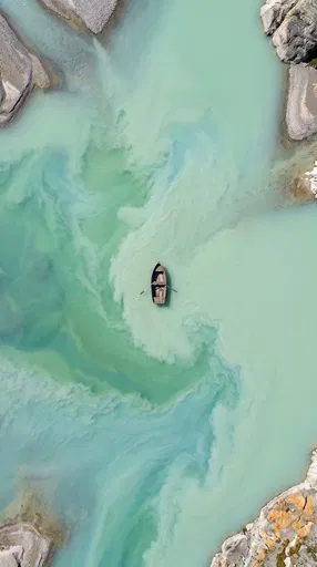 Aerial View of Rowboat in Glacial Water