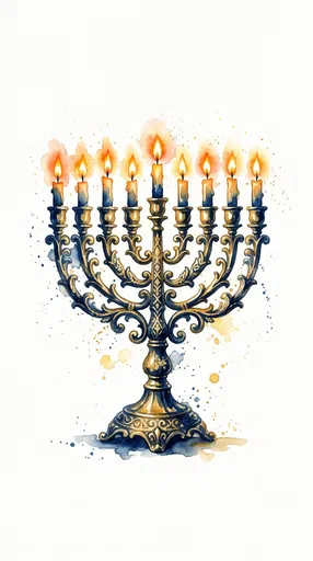 Watercolor Blue and Gold Hanukkah Menorah
