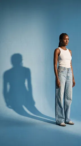 Woman in Wide Leg Jeans in Studio