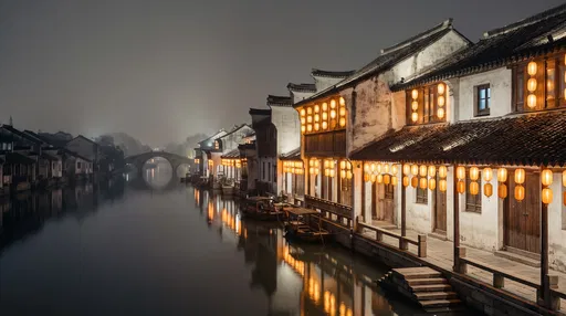 Misty Night Canal in Traditional Chinese Town