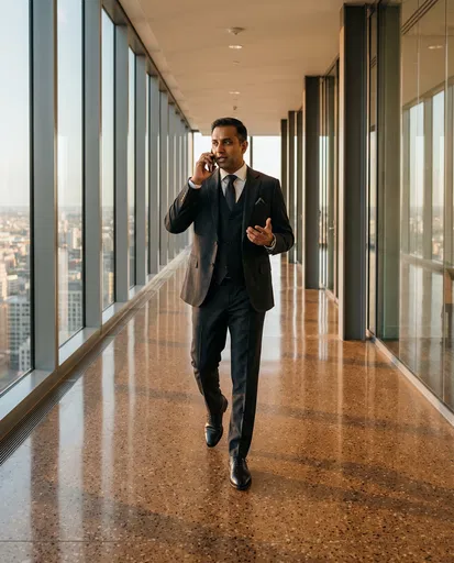 Businessman Talking on Phone in Corridor