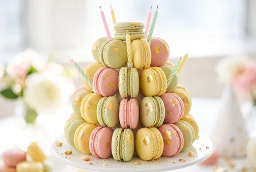 Pastel Macaron Birthday Tower With Gold Leaf