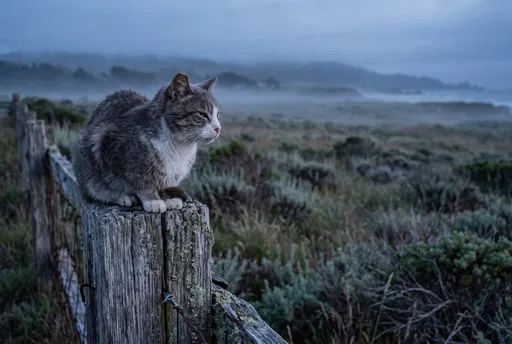 Grey Cat on Weathered Coastal Fence Post