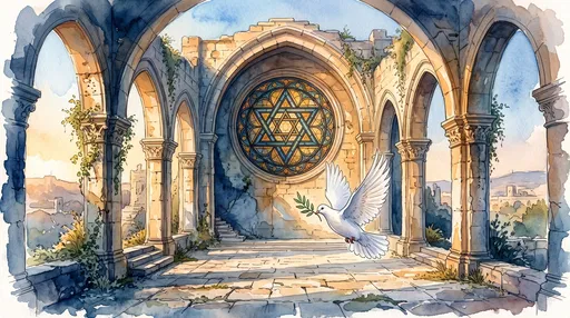 Watercolor Star of David Courtyard with Dove