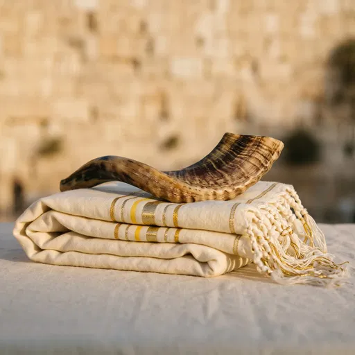 Shofar on Folded Prayer Shawl