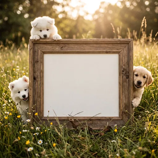 Puppies Peeking Around Rustic Wooden Frame