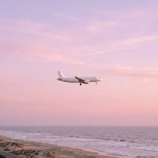 White Airplane Over Pastel Sunset Beach