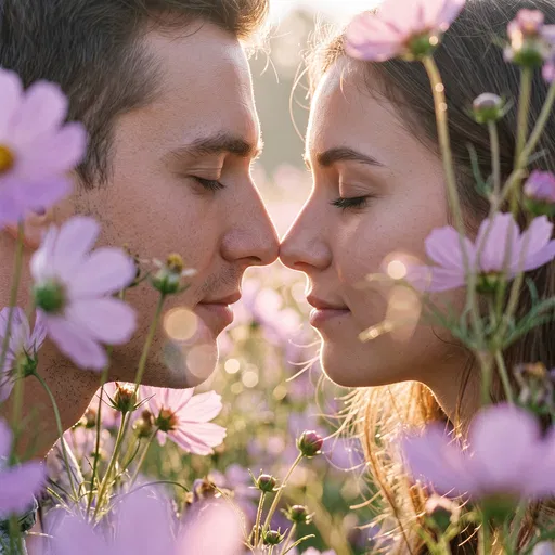 Couple Touching Noses Among Pastel Flowers