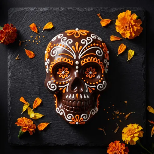 Decorated Chocolate Skull on Black Slate