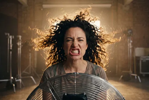 Woman Grimacing Into Blowing Studio Fan