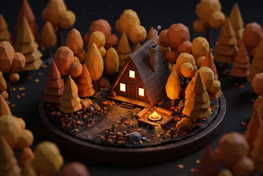 Low-Poly Autumn Cabin Diorama at Night