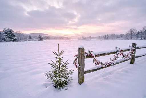 Spruce Sapling Beside Snowy Festive Fence