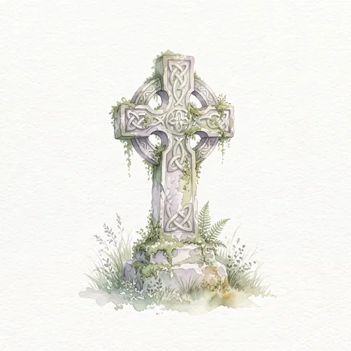 Watercolor Celtic Cross Tombstone With Moss