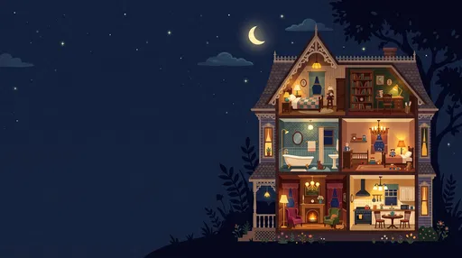 Victorian Dollhouse Cross-Section at Night