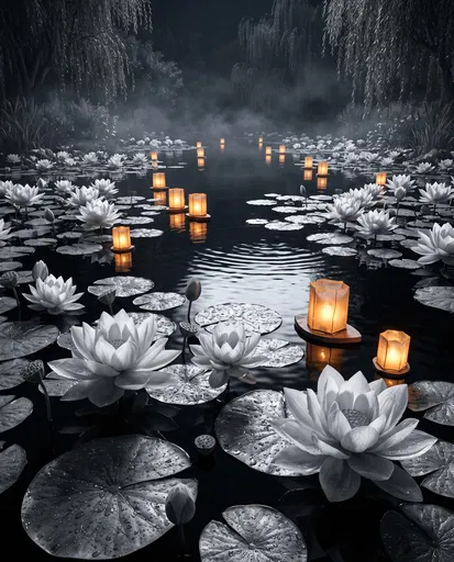 Glowing Lanterns on Monochrome Lotus Pond