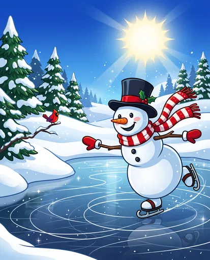 Cheerful Snowman Ice Skating on Pond