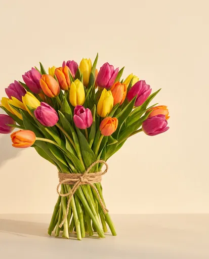 Colorful Tulip Bouquet Tied With Twine