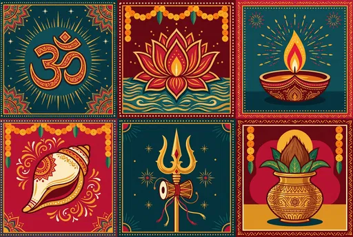 Hindu Religious Symbols Vector Grid Illustration