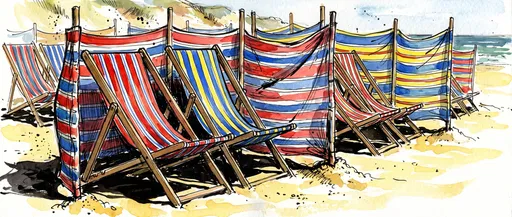 Watercolor Sketch of Striped Beach Deckchairs