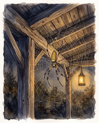 Watercolor Golden Silk Orb-Weaver Spider at Night