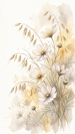 Watercolor White Cosmos and Oat Stalks