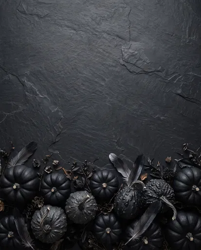Black Pumpkins and Feathers on Slate