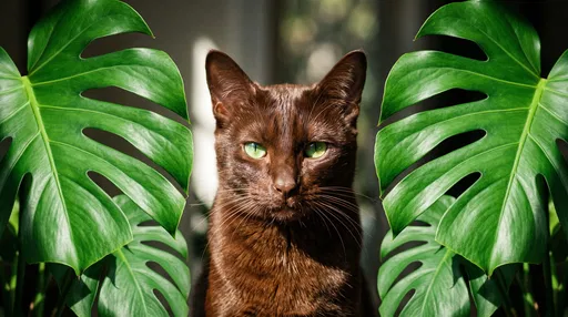 Brown Cat Framed by Monstera Leaves
