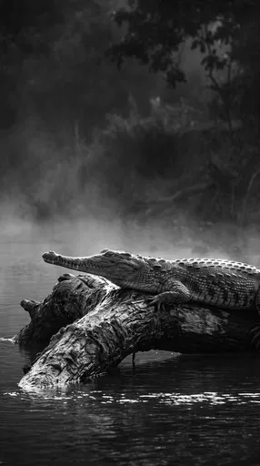 Monochrome Slender-Snouted Crocodile on River Log