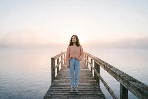 Woman Standing on Misty Wooden Pier
