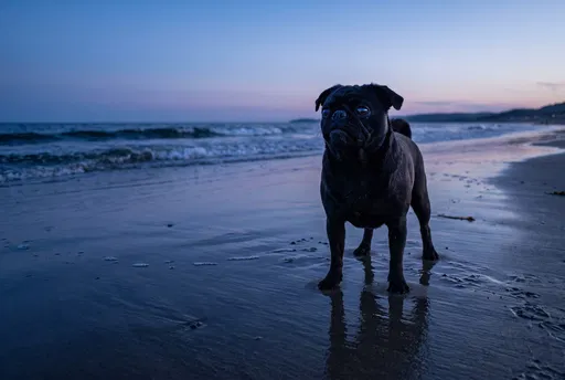 Black Pug on Beach at Twilight
