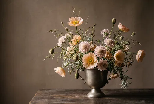 Peach Poppies and Scabiosa in Metal Urn