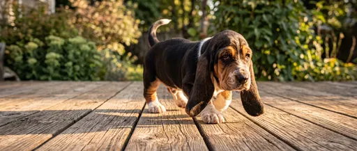 Basset Hound Puppy Walking on Wooden Deck