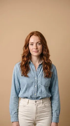 Studio Portrait of Redhead Woman in Denim