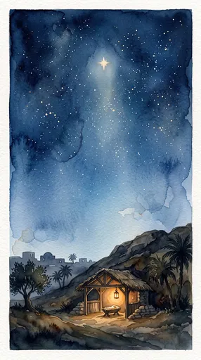 Watercolor Nativity Scene Under Starry Sky