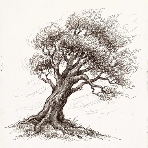 Scribble Sketch of Windswept Oak Tree